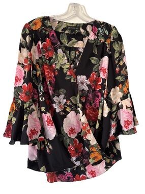 INC International Concepts Black Floral Wrap Blouse with Pink & Red Blooms